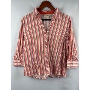 St. Johns Bay Petite Large Striped Button-Up Shirt 3/4 Sleeve Cotton & Spandex M